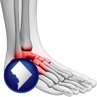 washington-dc map icon and a foot and ankle, showing the inflamed area in red