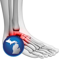 michigan map icon and a foot and ankle, showing the inflamed area in red