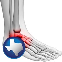 texas map icon and a foot and ankle, showing the inflamed area in red